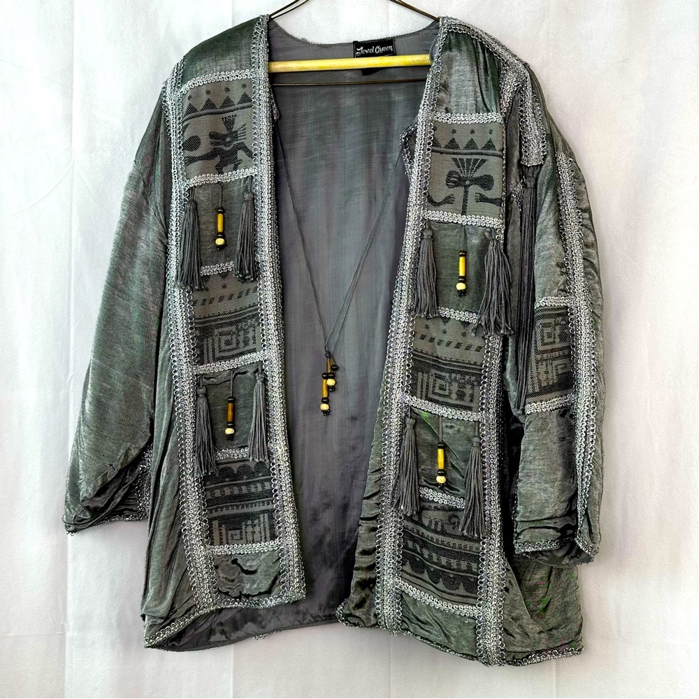Jewel Queen Vintage Western Taseel Silver Jacket Long Sleeve Metallic Open XL